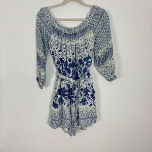Anthropologie White with Blue Floral Off The Shoulder Long Sleeve Shorts Romper